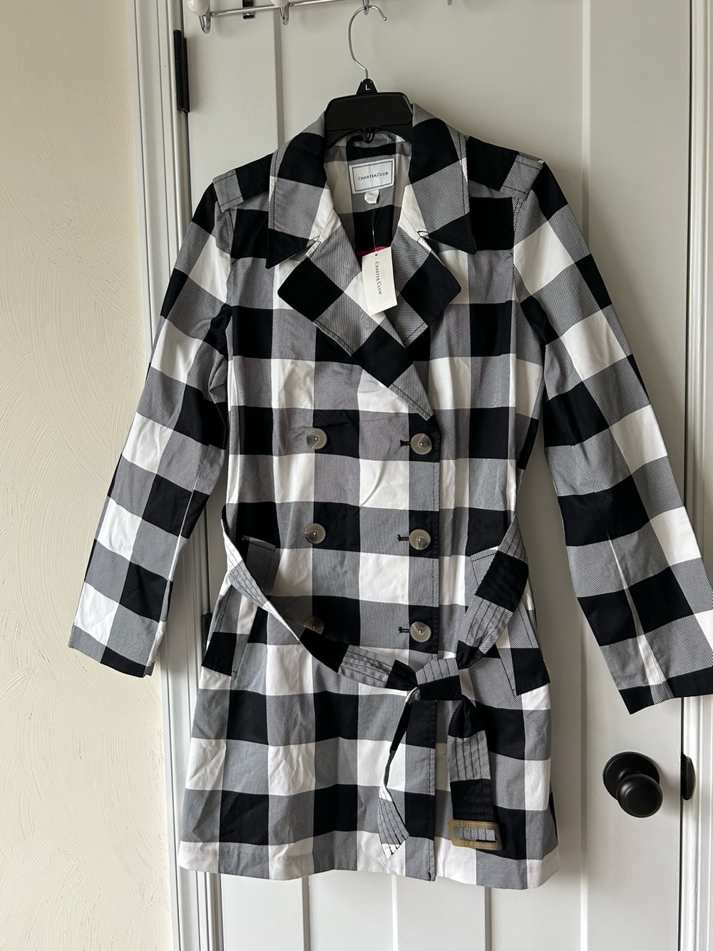 NWT - Charter Club Black & White Check Double-Breasted Trench Coat